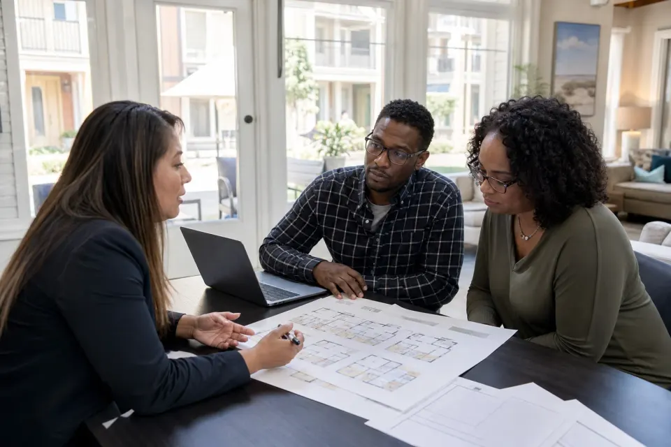 Two residents discussing apartment plans with a housing counselor at a table