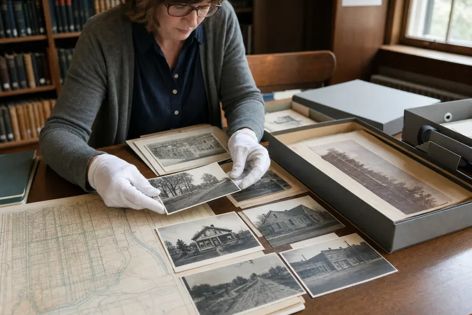 An archivist arranging old neighborhood photographs and maps on a library table