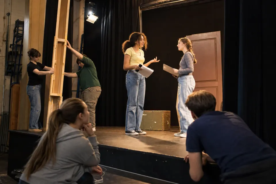 Student performers rehearsing on a small stage while classmates adjust scenery