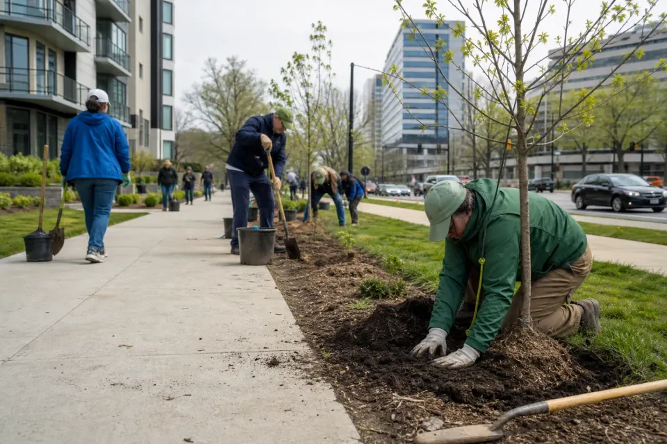Neighbors planting young trees beside a wide sidewalk and apartment buildings