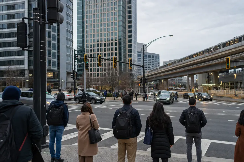 Commuters waiting beside a wide Tysons crosswalk near elevated rail tracks